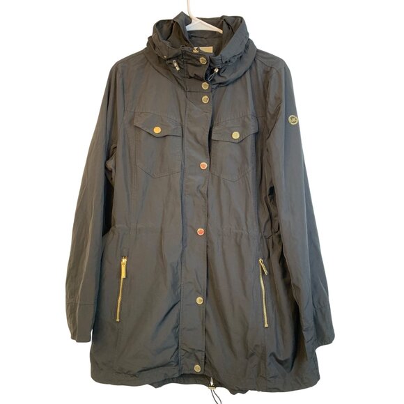Michael Kors Black Hood Coat L Gold Zip Rain Wind Transition RR10487 Mid EUC - Picture 15 of 16